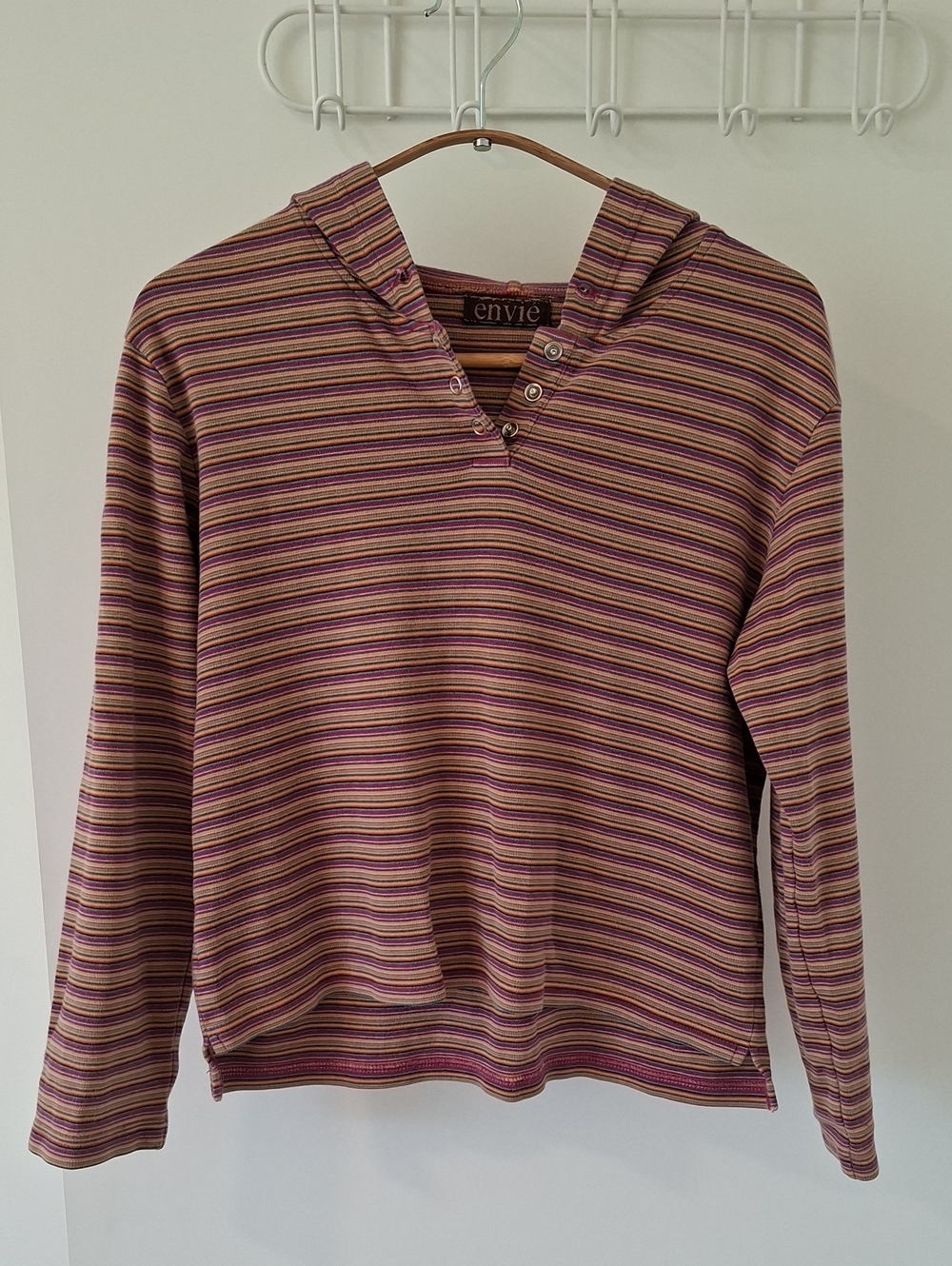 Vintage Y2K Rainbow Stripe Cropped Cotton Hoodie Top w/ Henley Neckline (Size S)